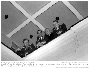 Aufnahmen aus dem Nachlass Egon Stoll-Berberichs. Hochzeit des Ehepaares Prarth, Pardubitz, 1944, vermutlich im örtlichen Offizierscasino, Brautpaar Prarth (Mitte), restliche Personen unbekannt. NLESB_Kriegsbilder_lose_Hochzeit_Pardubitz_0005