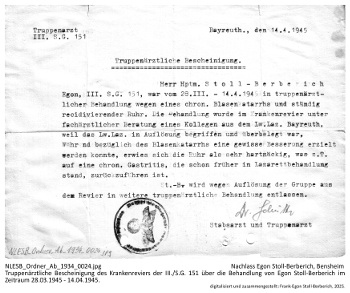 Truppenärztliche Bescheinigung des Krankenreviers der III./S.G. 151 über die Behandlung von Egon Stoll-Berberich im Zeitraum 28.03.1945 - 14.04.1945. NLESB_Ordner_Ab_1934_0024
