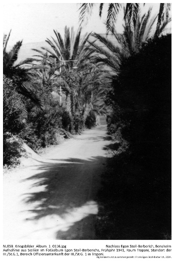 Aufnahme aus Sizilien im Fotoalbum Egon Stoll-Berberichs, Frühjahr 1941, Raum Trapani, Standort der III./St.G.1, Bereich Offiziersunterkunft der III./St.G. 1 in Trapani. NLESB_Kriegsbilder_Album1_0116