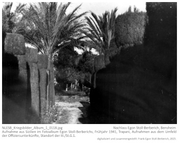 Aufnahme aus Sizilien im Fotoalbum Egon Stoll-Berberichs, Frühjahr 1941, Trapani, Aufnahmen aus dem Umfeld der Offiziersunterkünfte, Standort der III./St.G.1. NLESB_Kriegsbilder_Album1_0118