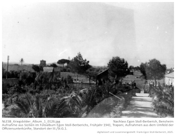 Aufnahme aus Sizilien im Fotoalbum Egon Stoll-Berberichs, Frühjahr 1941, Trapani, Aufnahmen aus dem Umfeld der Offiziersunterkünfte, Standort der III./St.G.1. NLESB_Kriegsbilder_Album1_0126