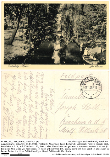 Ansichtskarte an seine Eltern "eventuelle Überwinterung in Rotenburg", NLESB_Ab_1934_Briefe_19391101
