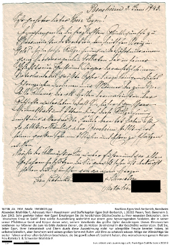 Brief vom 3. Juni 1943 von Frau Katinka S. und Schwester Mathilde F. an Egon Stoll-Berberich anlässlich der Verleihung des Deutschen Kreuzes in Gold. NLESB_Ab_1934_Briefe_19430603