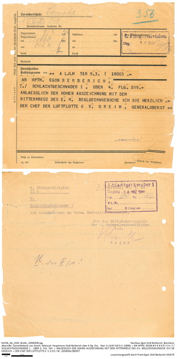 Telegramm von Generaloberst Robert Ritter von Greim an Egon Stoll-Berberich anlässlich seiner Ritterkreuzverleihung;  NLESB_Ab_1934_Briefe_19440309.