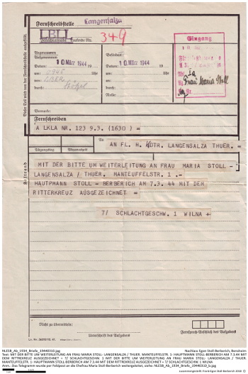 Telegramm der 7. StG 1 an Egon Stoll-Berberichs Frau Maria anlässlich seiner Ritterkreuzverleihung; NLESB_Ab_1934_Briefe_19440310.