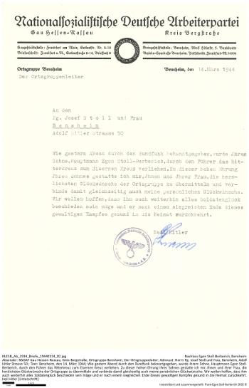 Schreiben der NSDAP-Ortsgruppe Bensheim an Egon Stoll-Berberichs Stiefvater Joseph Stoll anlässlich der Ritterkreuzverleihung. NLESB_Ab_1934_Briefe_19440314_02_b