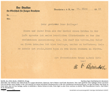 Direktor des Bensheimer Gymnasiums gratuliert Joseph Stoll. NLESB_Ab_1934_Briefe_19440314.