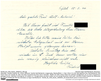 Familie W. aus Erfurt verfasst einen Brief an Hauptmann Stoll-Berberich persönlich und einen an seine Frau. NLESB_Ab_1934_Briefe_19440315_03b.