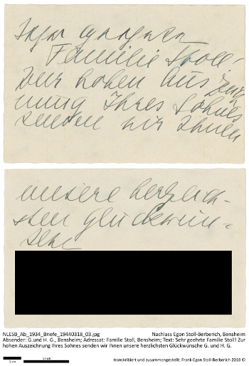 Bensheimer Geschäftsfamilie sendet Glückwünsche an Familie Stoll. NLESB_Ab_1934_Briefe_19440318_03_anonym.