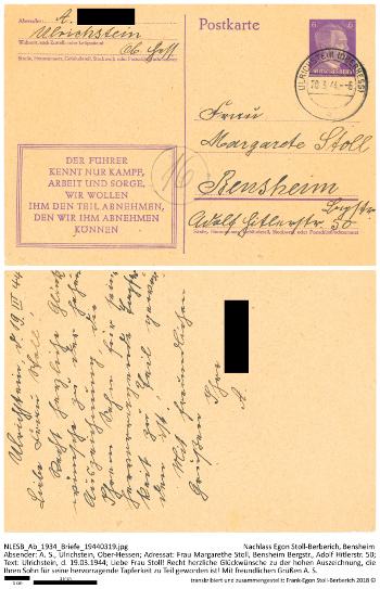 Postkarte mit Propagandaaufdruck mit Gratulation an Egon Stoll-Berberichs Mutter. NLESB_Ab_1934_Briefe_19440319.