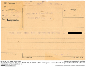 Telegramm aus Gera - kurz und knapp. NLESB_Ab_1934_Briefe_19440320_anonym.