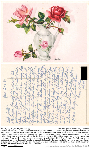 Glückwunschschreiben der Cousine der Mutter Egon Stoll-Berberichs. NLESB_Ab_1934_Briefe_19440321.