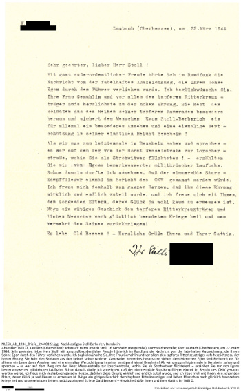 Persönliches Schreiben der Familie eines Oberstabszahlmeisters an die Familie Stoll. NLESB_Ab_1934_Briefe_19440322.