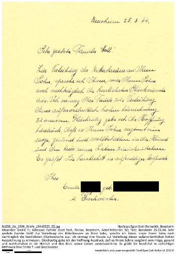 Glückwunschschreiben mit besten Wünschen an Egon Stoll-Berberichs Mutter. NLESB_Ab_1934_Briefe_19440325.