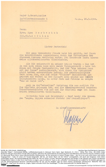 Brief von Major i.G. Helmut Mahlke an Egon Stoll-Berberich anlässlich seiner Ritterkreuzverleihung; NLESB_Ab_1934_Briefe_19440328.
