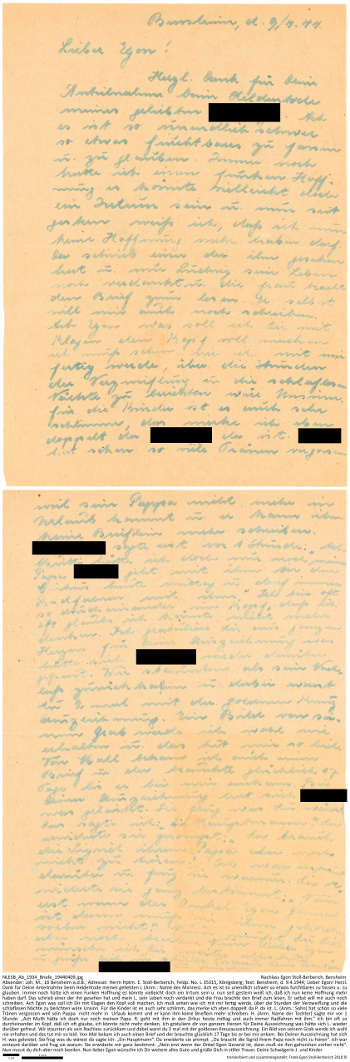Ausführliches persönliches Schreiben der Schwägerin an Egon Stoll-Berberich. NLESB_Ab_1934_Briefe_19440409.