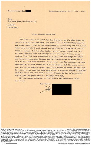 Persönliches Schreiben der Familie eines Oberstabszahlmeisters an die Familie Stoll. NLESB_Ab_1934_Briefe_19440412.