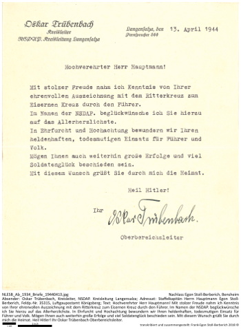 Schreiben der NSDAP-Kreisleitung Langensalza an Hauptmann Egon Stoll-Berberich anlässlich der Ritterkreuzverleihung. NLESB_Ab_1934_Briefe_19440413