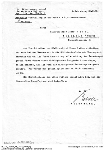 Ablehnung der Bewerbung Egon Berberichs vom 28. März 1933 als Offiziersanwärter beim Heer, hier: 13. Württembergisches Infantrie Regiment, NLESB_Ordner_Ab_1934_0003. Ablehnung der Bewerbung Egon Berberichs vom 28. März 1933 als Offiziersanwärter beim Heer, hier: 13. Württembergisches Infantrie Regiment, NLESB_Ordner_Ab_1934_0003