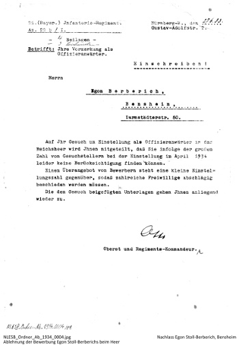 Ablehnung der Bewerbung Egon Berberichs vom 27. Juni 1933 als Offiziersanwärter beim Heer, hier: 21. Bayerisches Infantrie Regiment, NLESB_Ordner_Ab_1934_0004. Ablehnung der Bewerbung Egon Berberichs vom 27. Juni 1933 als Offiziersanwärter beim Heer, hier: 21. Bayerisches Infantrie Regiment, NLESB_Ordner_Ab_1934_0004