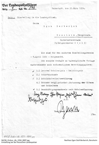 Brief vom 21. März 1934: Einstellung in den Polizeidienst zum 5. April 1934, NLESB_Ordner_Ab_1934_0007. Brief vom 21. März 1934: Einstellung in den Polizeidienst zum 5. April 1934, NLESB_Ordner_Ab_1934_0007