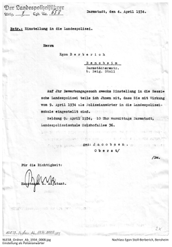 Brief vom 4. April 1934: Einstellung in den Polizeidienst zum 9. April 1934, NLESB_Ordner_Ab_1934_0008. Brief vom 4. April 1934: Einstellung in den Polizeidienst zum 9. April 1934, NLESB_Ordner_Ab_1934_0008
