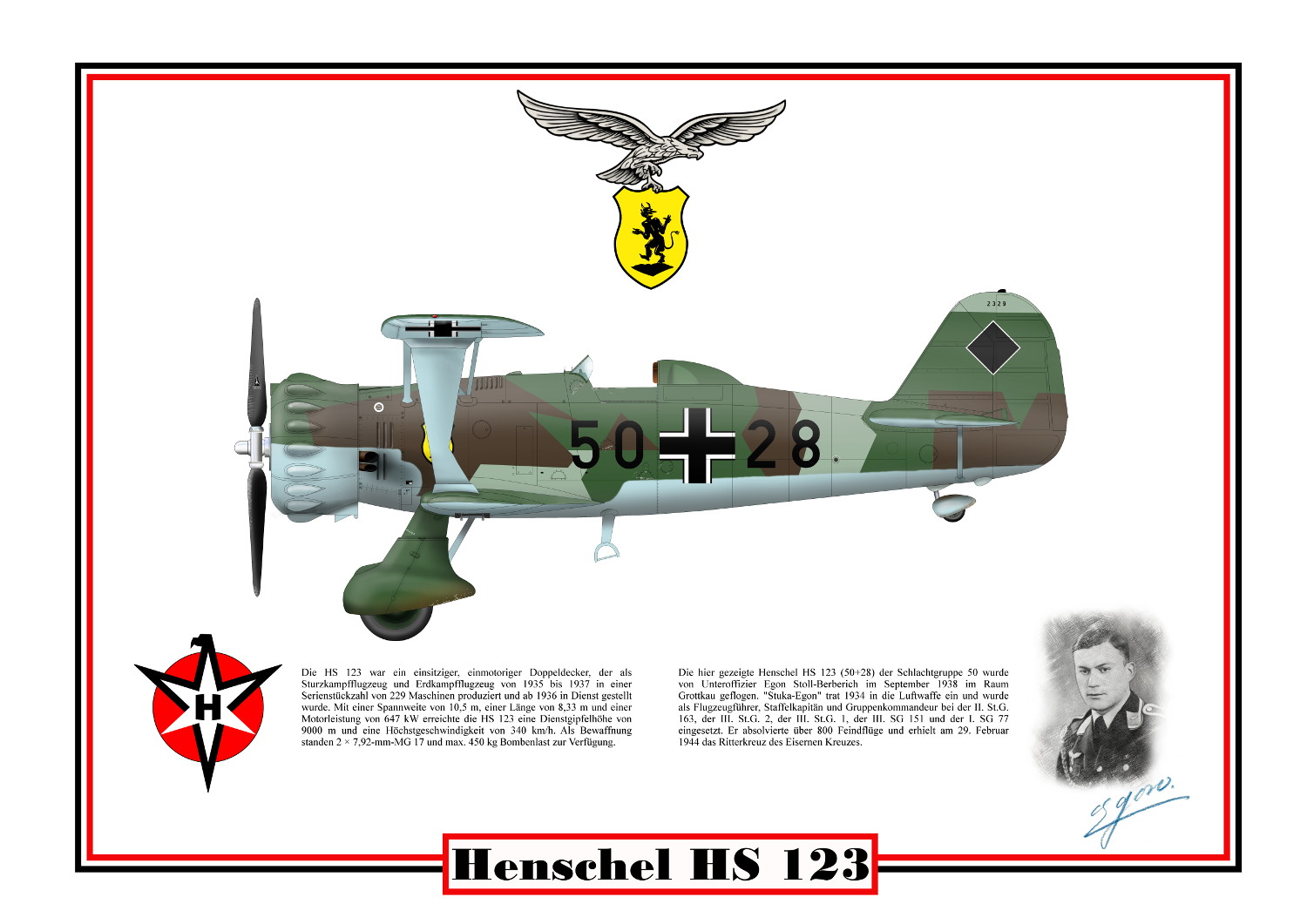 Egon Stoll-Berberichs Henschel 123 mit der Kennung 50+28 der Schlachtgruppe 50 Egon Stoll-Berberichs Henschel 123 mit der Kennung 50+28 der Schlachtgruppe 50