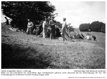Bilder aus dem Fotoalbum von Unteroffizier Egon Stoll-Berberich während seiner Dienstzeit bei der Schlachtgruppe 50, hier: Mit Schlachtgruppe 50 im Manöver auf dem Heuberg, August 1938. NLESB_Kriegsbilder_Album1_0021. Bilder aus dem Fotoalbum von Unteroffizier Egon Stoll-Berberich während seiner Dienstzeit bei der Schlachtgruppe 50, hier: Mit Schlachtgruppe 50 im Manöver auf dem Heuberg, August 1938. NLESB_Kriegsbilder_Album1_0021.