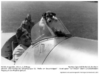 Oktober 1938, Paulsgrund, Schlachtgruppe 50, "Piefke am Steuerknüppel" - Hund später "vor Freude" einem zurückkehrenden Flugzeug in den Propeller gehüpft. NLESB_Kriegsbilder_Album1_0048. Oktober 1938, Paulsgrund, Schlachtgruppe 50, "Piefke am Steuerknüppel" - Hund später "vor Freude" einem zurückkehrenden Flugzeug in den Propeller gehüpft. NLESB_Kriegsbilder_Album1_0048.