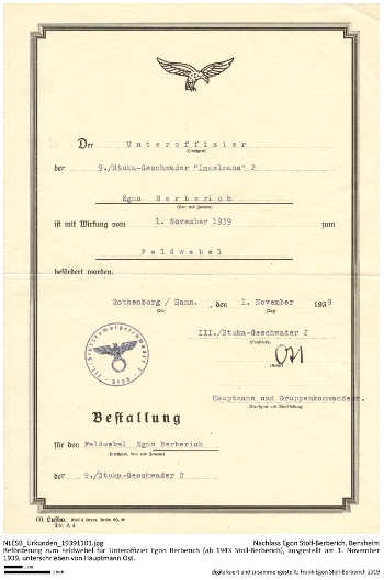 Urkunde über die Beförderung zum Feldwebel vom 1. November 1939, NLESB_Urkunden_19391101