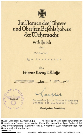 Urkunde über die Verleihung des Eisernen Kreuzes 2. Klasse an Feldwebel Egon Berberich (Egon Stoll-Berberich) vom 1. November 1939, unterschrieben von Generalmajor Bruno Loerzer.