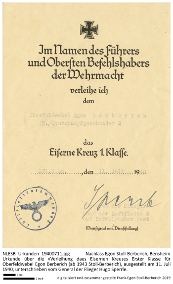 Urkunde über die Verleihung des Eisernen Kreuzes 1. Klasse an Oberfeldwebel Egon Berberich (Egon Stoll-Berberich) vom 11. Juli 1940, unterschrieben vom General der Flieger Hugo Sperrle.
