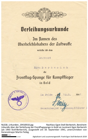 Urkunde über die Verleihung der Frontflugspange in Gold an Leutnant Egon Berberich (ab 1943 Stoll-Berberich), ausgestellt am 10. September 1941, unterschrieben von Generalmajor Martin Fiebig. NLESB_Urkunden_19410910.