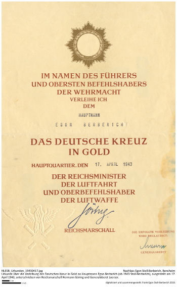 Urkunde zur Verleihung des "Deutschen Kreuz in Gold" an Egon (Stoll-) Berberich. NLESB_Urkunden_19430417