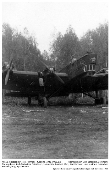 Bild aus Egon Stoll-Berberichs Fotoalbum, vermutlich Russland 1941, Karl-Hermann Lion in einem russischen Beuteflugzeug Tupolew TB-3. NLESB_Kriegsbilder_lose_Filmrolle_Russland_1941_0003. Bild aus Egon Stoll-Berberichs Fotoalbum, vermutlich Russland 1941, Karl-Hermann Lion in einem russischen Beuteflugzeug Tupolew TB-3. NLESB_Kriegsbilder_lose_Filmrolle_Russland_1941_0003.