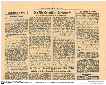 Bergsträßer Anzeigeblatt vom 17. August 1940 mit Hinweis auf die Verleihung des Eisernen Kreuzes 1. Klasse an Oberfeldwebel Egon Berberich-Stoll (Egon Stoll-Berberich). NLESB_Ab_1934_Briefe_19400817_BA_EK1