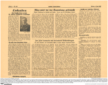 Zeitungsartikel der Hessischen Landeszeitung vom 4. Juni 1943 mit Fotografie von Egon Stoll-Berberich anlässlich der Verleihung des Deutschen Kreuzes in Gold. Der Text ist gleichlautend im Bergsträßer Anzeigeblatt veröffentlicht worden. NLESB_Ab_1934_Briefe_19430604_HLZ_DK