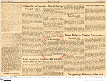 Zeitungsartikel aus dem Hamburger Tageblatt vom 14. März 1944 mit namentlicher Nennung aktueller Ritterkreuzträger, darunter auch Egon Stoll-Berberich. NLESB_Ab_1934_Briefe_19440314_HT_RK