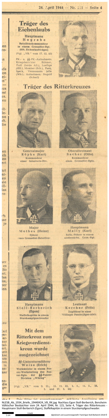Zeitungsartikel aus dem Völkischen Beobachter vom 24. April 1944 mit namentlicher Nennung Egon Stoll-Berberichs. NLESB_Ab_1934_Briefe_19440424_VB_RK