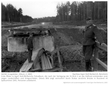Erste Bilder in Egon Stoll-Berberichs Fotoalbum, die nach der Verlegung der III./St.G 1 an die Ostfront entstanden sind, zeigen Landschaften und Kriegsschäden. Dieses Bild zeigt vermutlich durch Stukas zerstörte Brücke in Russland im Spätsommer 1941. Personen unbekannt. NLESB_Kriegsbilder_Album_2_0065 Erste Bilder in Egon Stoll-Berberichs Fotoalbum, die nach der Verlegung der III./St.G 1 an die Ostfront entstanden sind, zeigen Landschaften und Kriegsschäden. Dieses Bild zeigt vermutlich durch Stukas zerstörte Brücke in Russland im Spätsommer 1941. Personen unbekannt. NLESB_Kriegsbilder_Album_2_0065