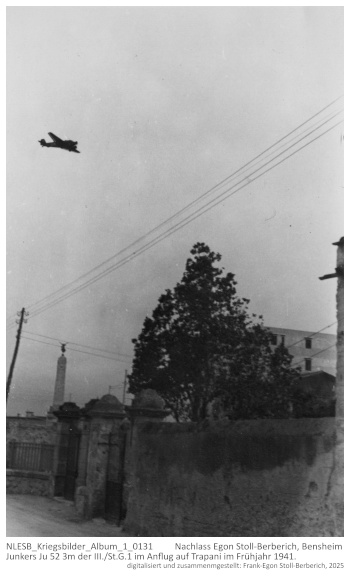 Junkers Ju 52 3m der III./St.G.1 im Anflug auf Trapani im Frühjahr 1941. NLESB_Kriegsbilder_Album1_0131